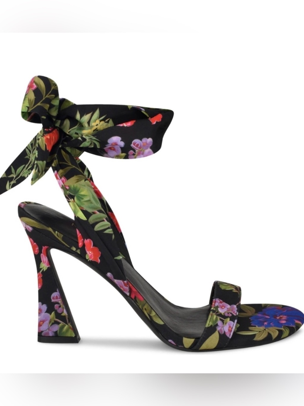 Floral Ankle-Tie High Heel Sandal - Black